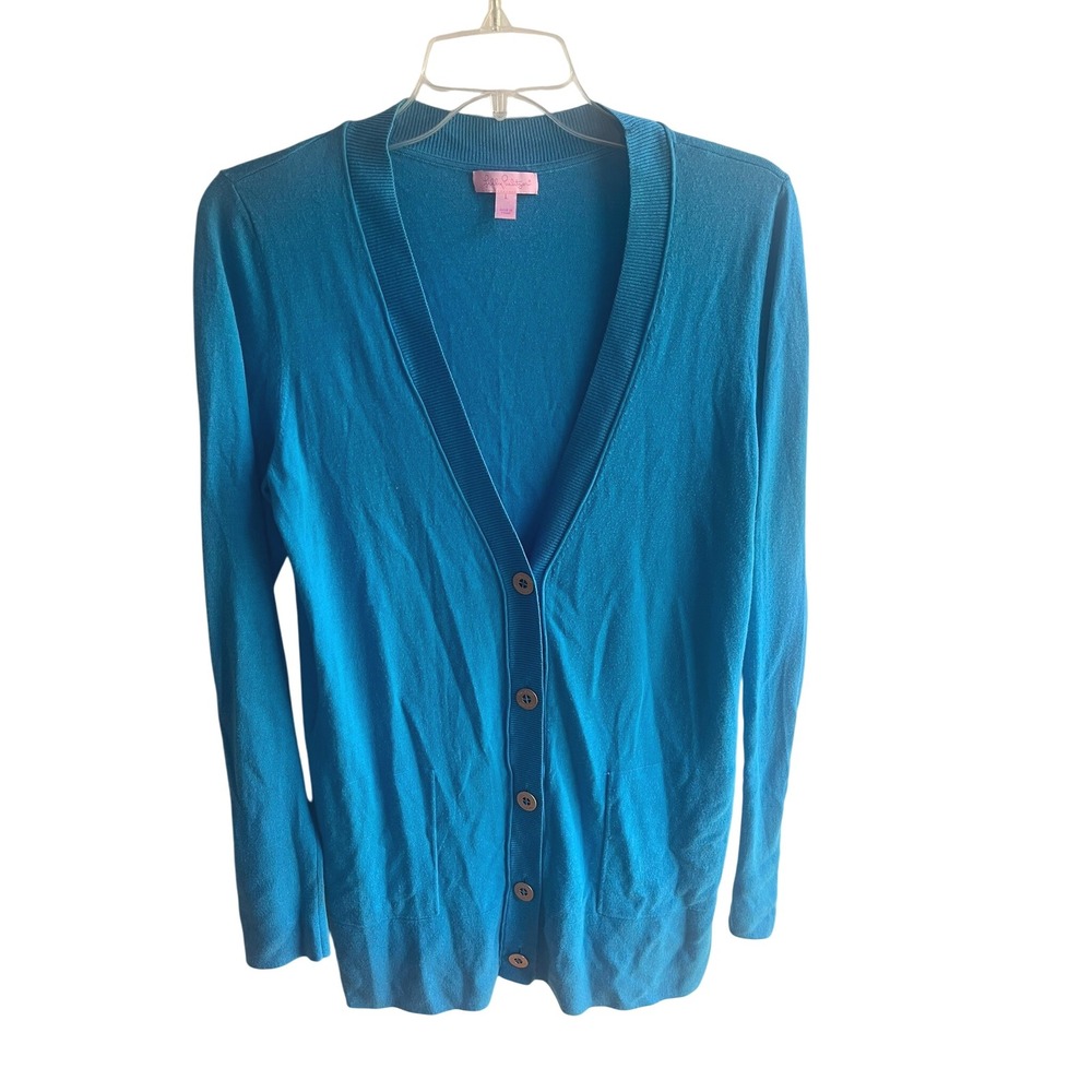 Lilly Pulitzer Cardigan Sweater Teal Blue Button‎ Front Long Sleeve Knit Top L
